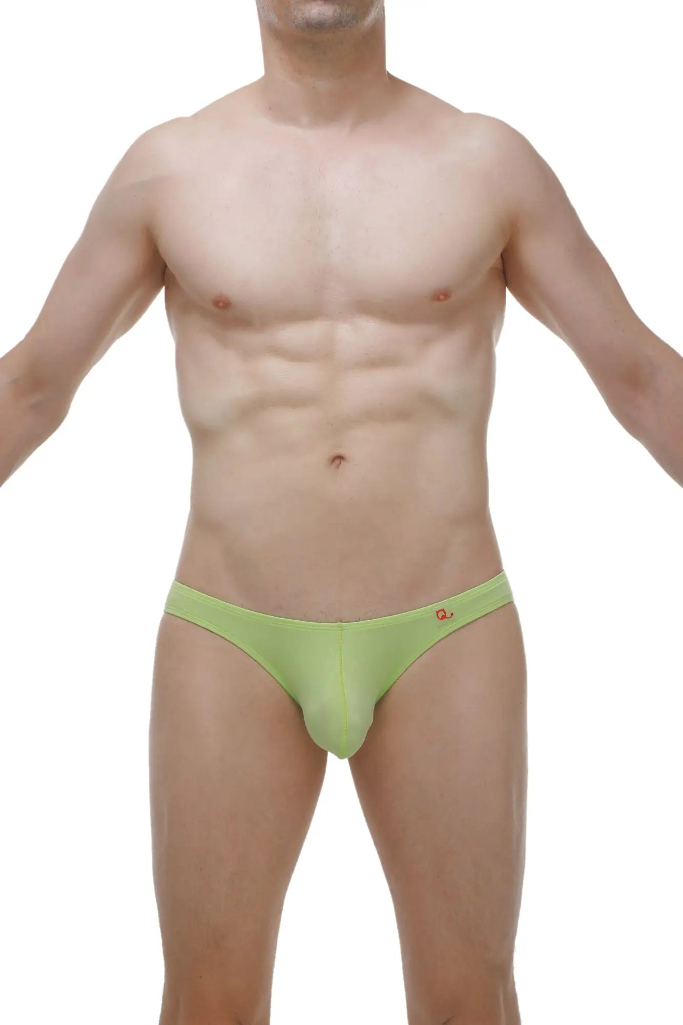 Lime green petitQ bikini briefs with bamboo fabric and subtle red logo on waistband in apple green shade