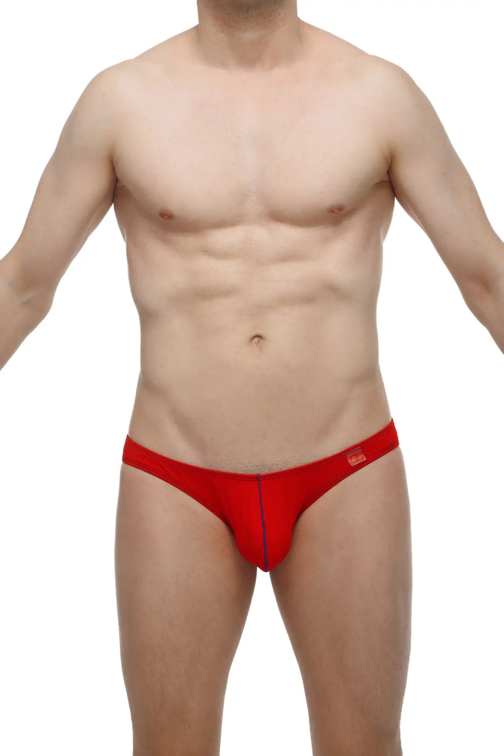 Red men’s briefs PetitQ bikini Colline modal in red with blue seam detail and small waistband logo visible from the front