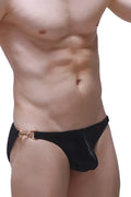 Black petitq bikini conguel satin briefs with gold tone horsebit metal clasp at the waistband
