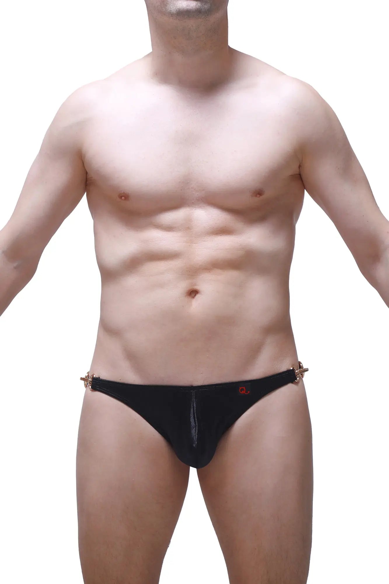 Black men’s PetitQ bikini Conguel satin swim trunks with gold-tone metal accents and a small red logo on the front