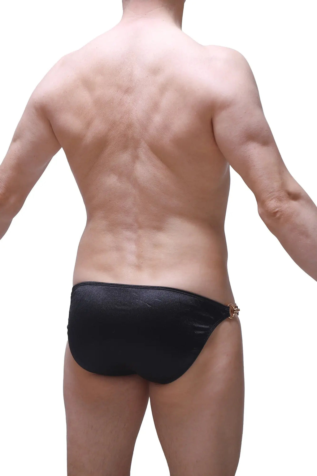 Black textured PetitQ bikini Conguel satin swim trunks with gold-toned metal clasp on the side