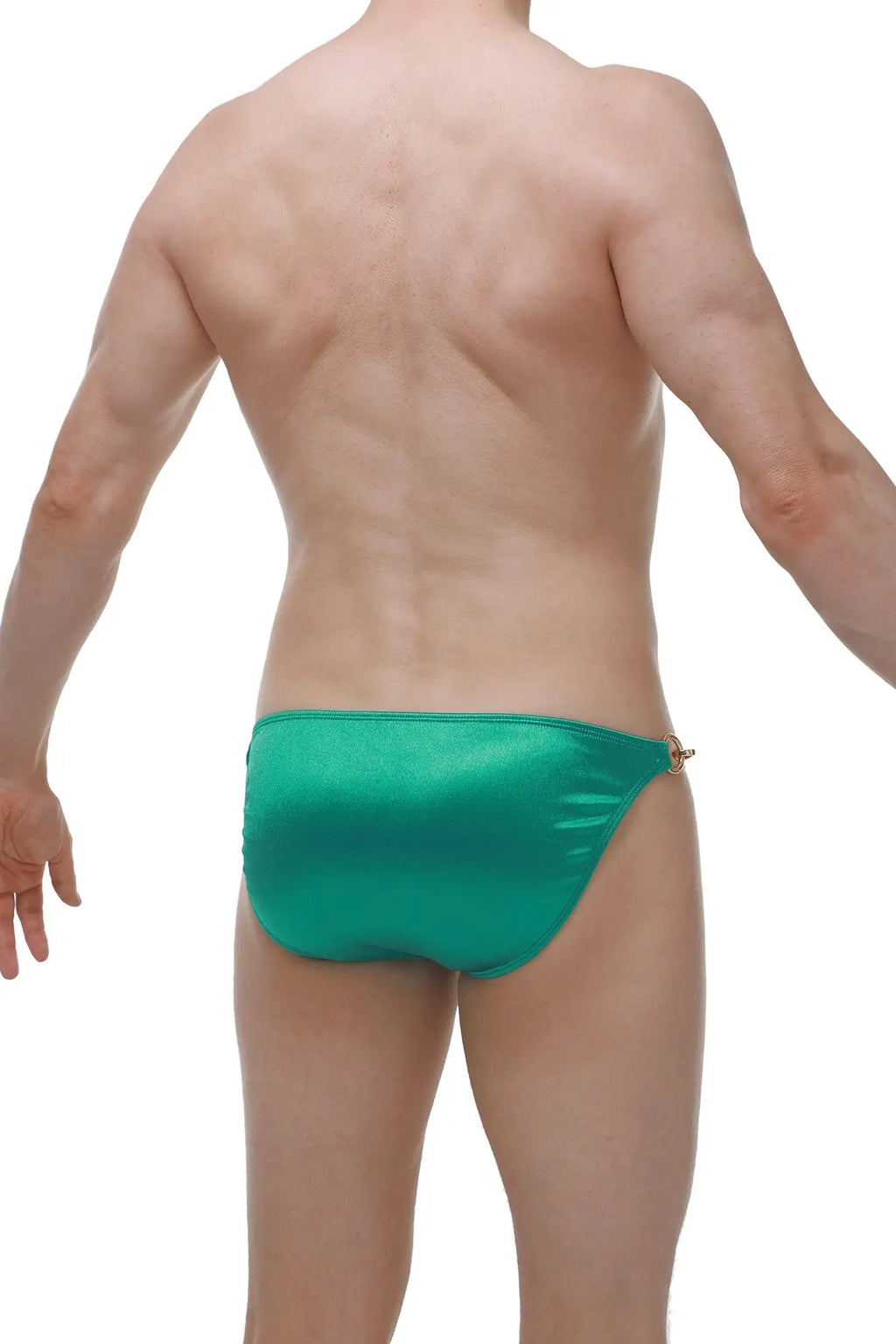 Emerald green satin briefs with a metallic gold side buckle from petitq bikini conguel satin green collection