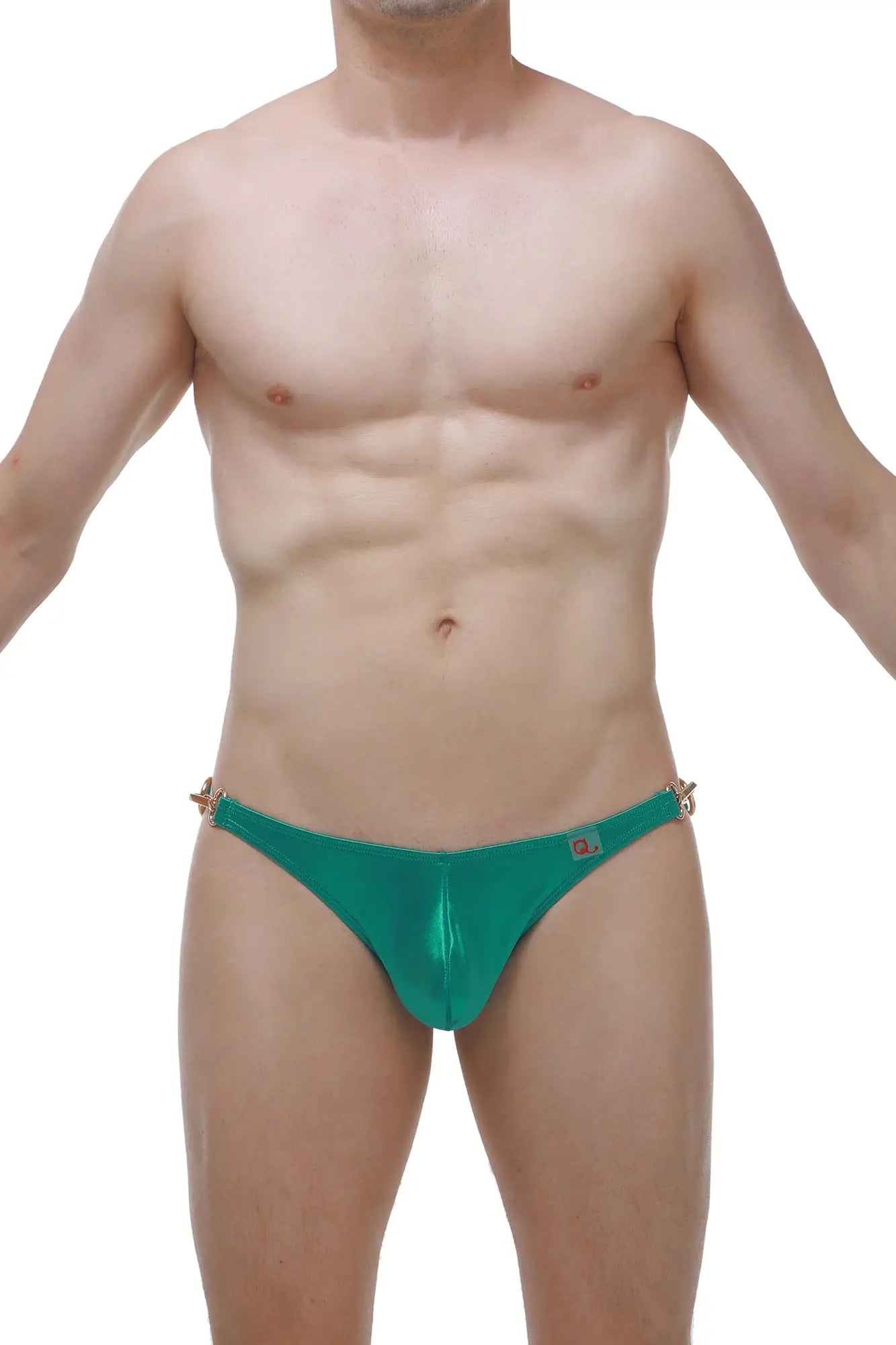 Emerald green metallic satin briefs with gold toned decorative clasps on the sides from petitq bikini conguel satin green