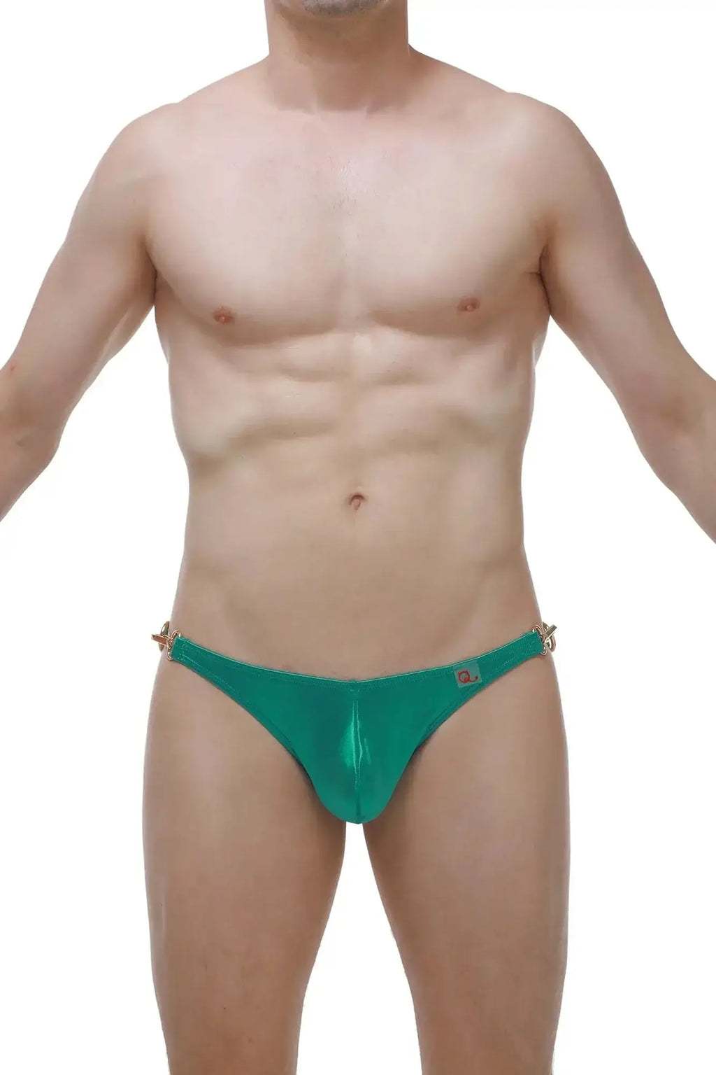 Emerald green metallic satin briefs with gold toned decorative clasps on the sides from petitq bikini conguel satin green