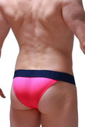 PetitQ bikini Coren Bee pink bright pink mesh briefs with navy blue waistband front view