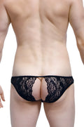 Black lace thong bikini petitq corlier with intricate floral patterns in black lace material front view