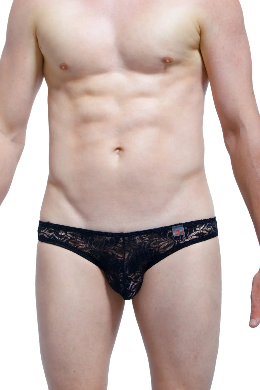 Black lace thong bikini petitq corlier black with intricate floral patterns and small orange logo on the waistband