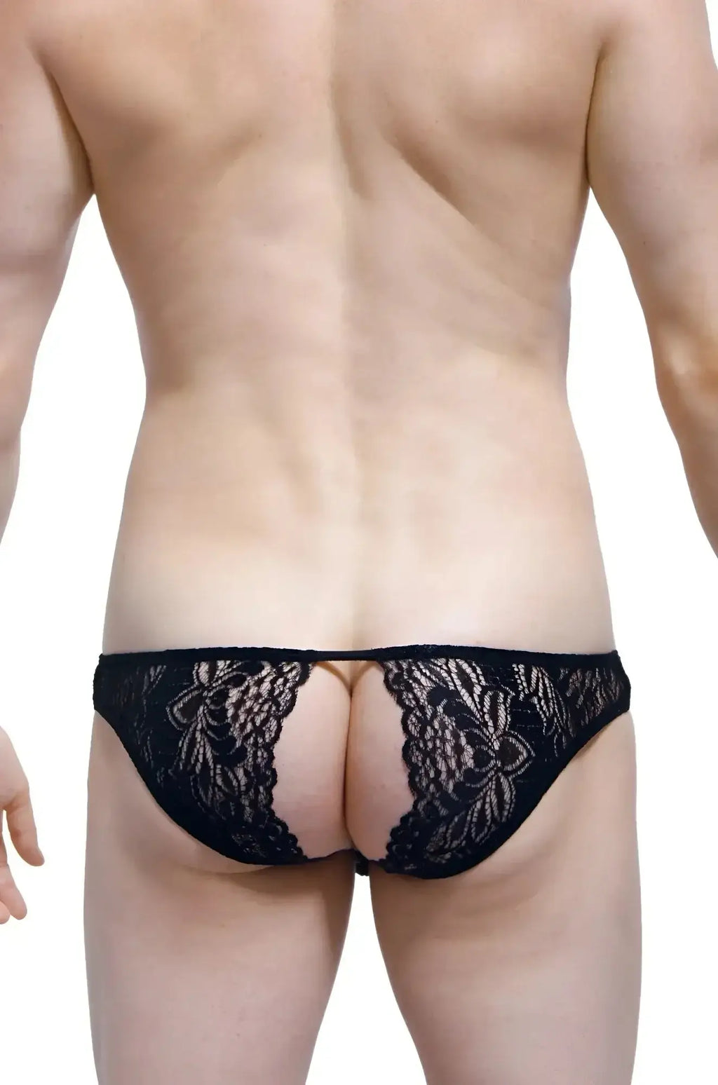 Black lace thong bikini petitq corlier with intricate floral patterns in black lace material front view