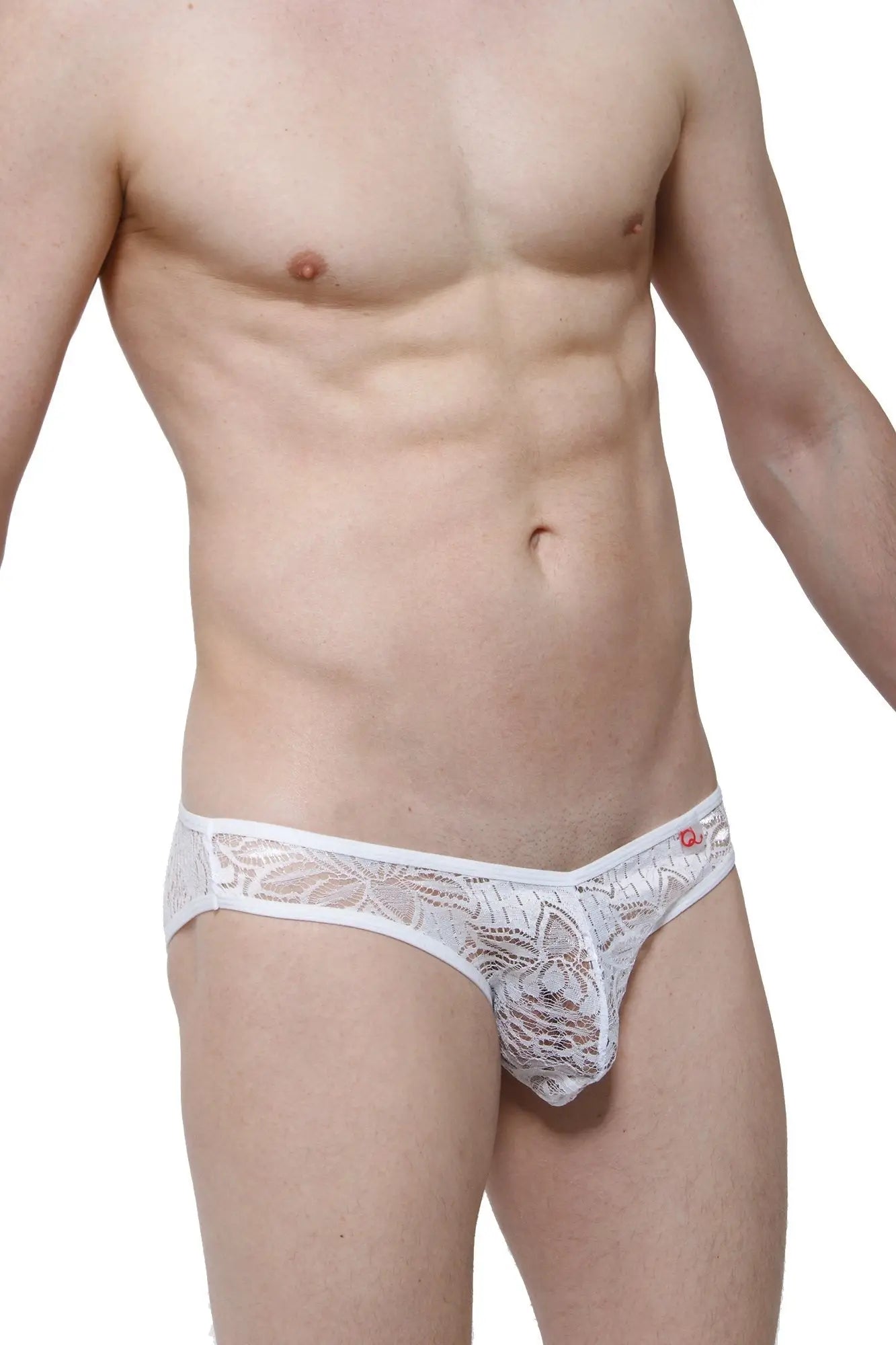 White lace thong bikini with delicate floral patterns and subtle red logo on waistband by petitq corlier white