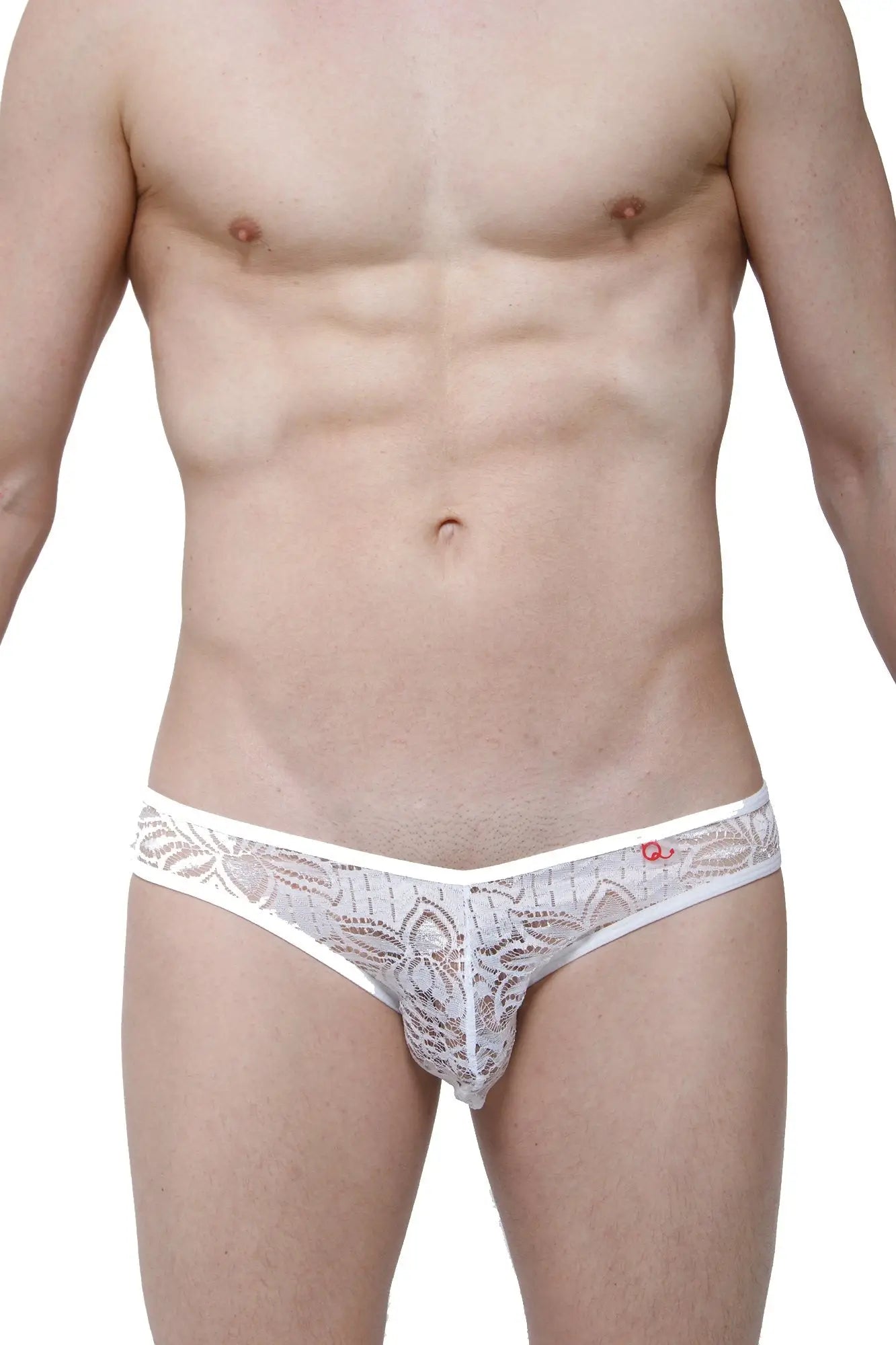 White lace thong bikini with intricate floral patterns and subtle red petitq logo on the waistband