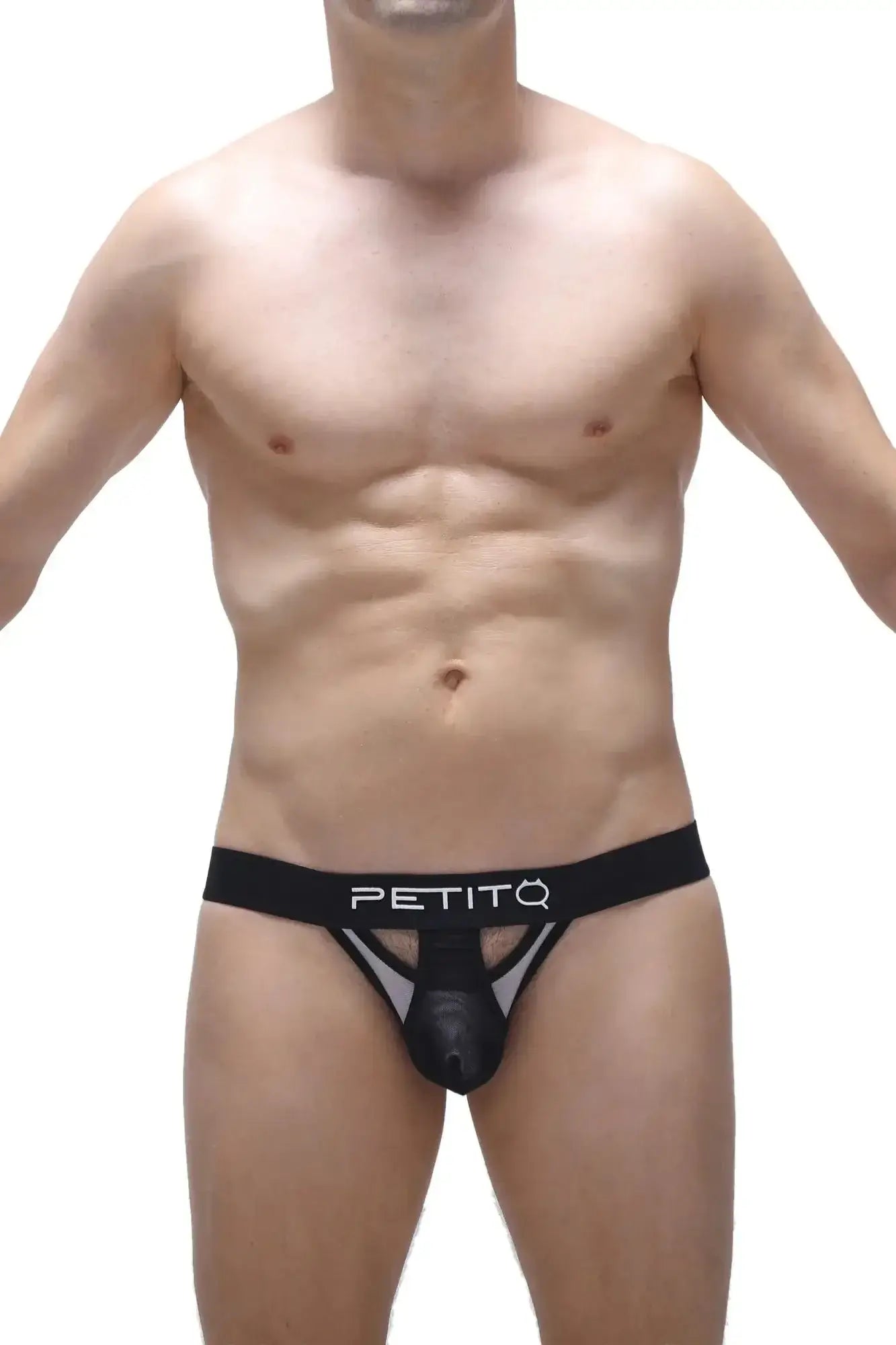 Black petitq bikini thong with mesh panel and solid front pouch for stylish swimwear look