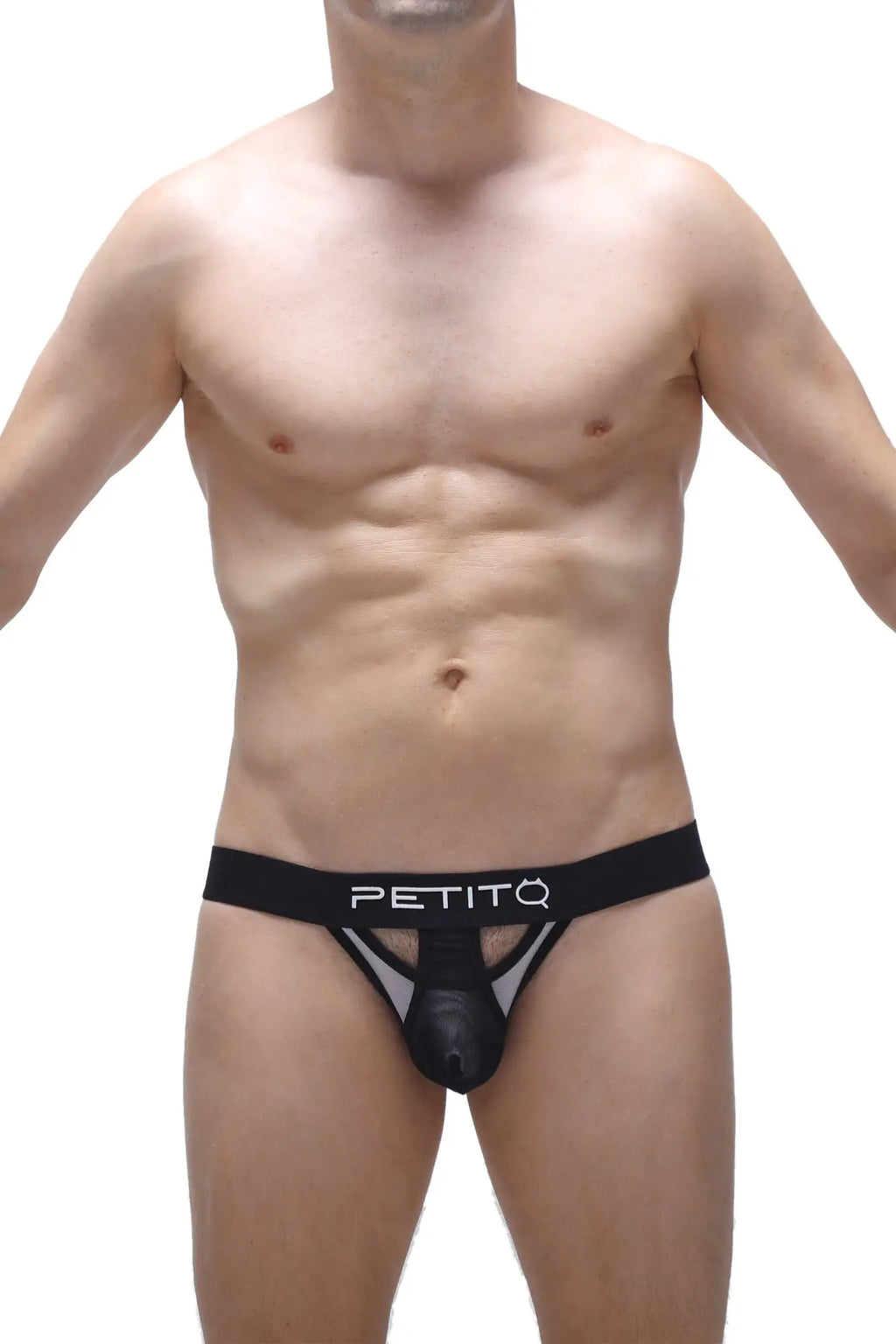 Black petitq bikini thong with mesh panel and solid front pouch for stylish swimwear look