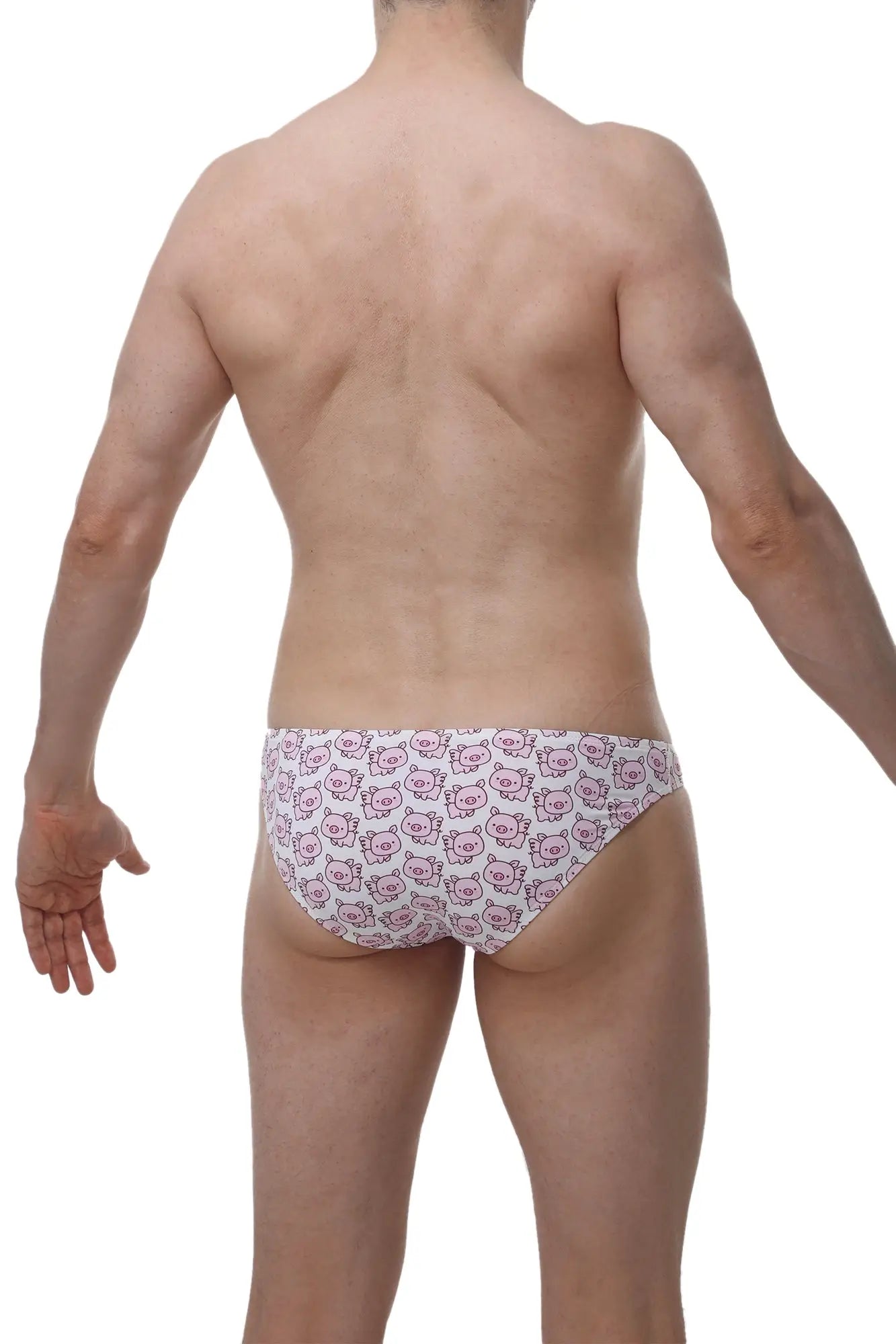 White PetitQ bikini briefs with a repeating pattern of pink cartoon pig faces for casual wear