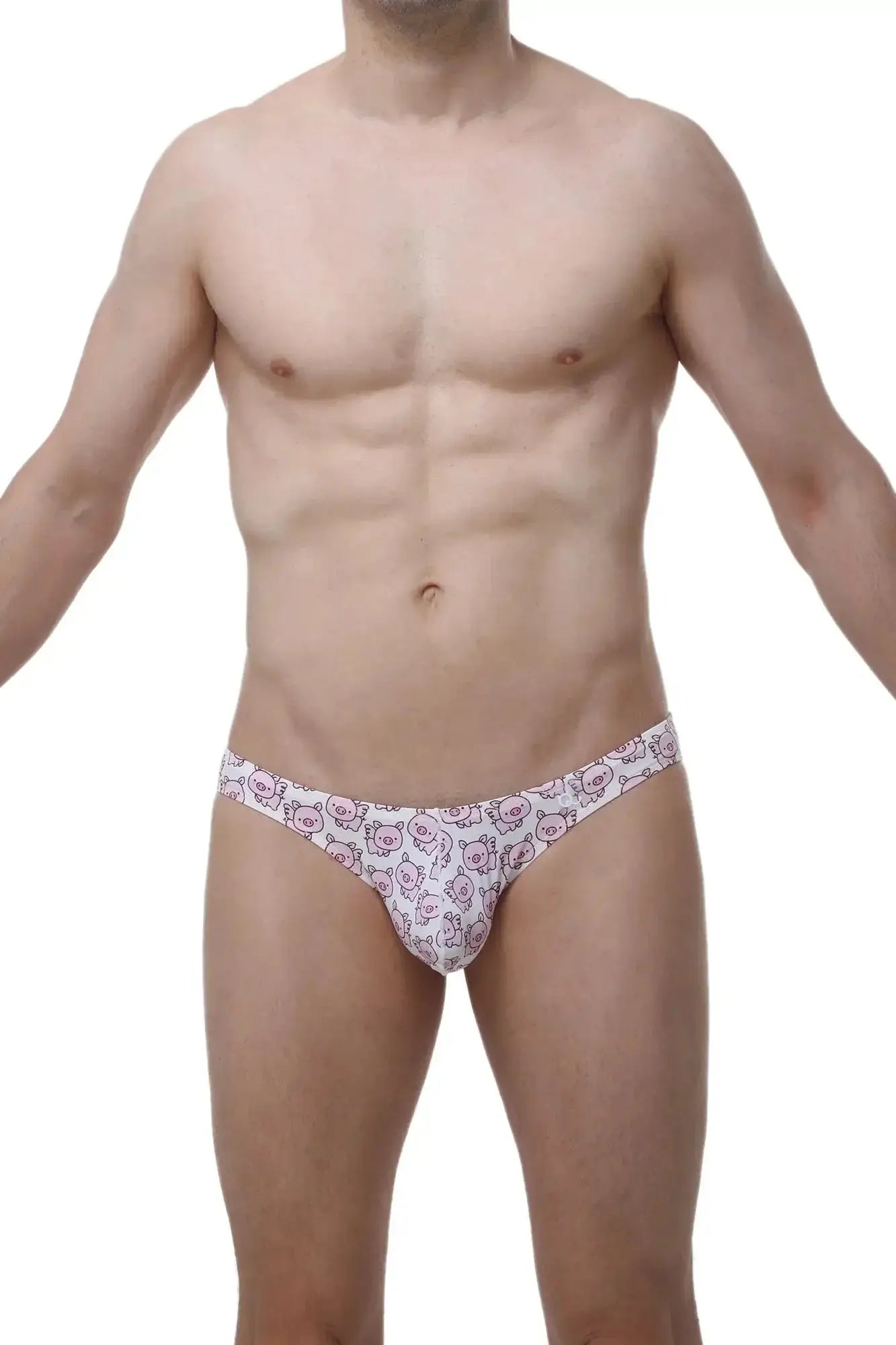 White briefs with a repeating pattern of small pink cartoon pigs from petitq bikini dome piggy love collection