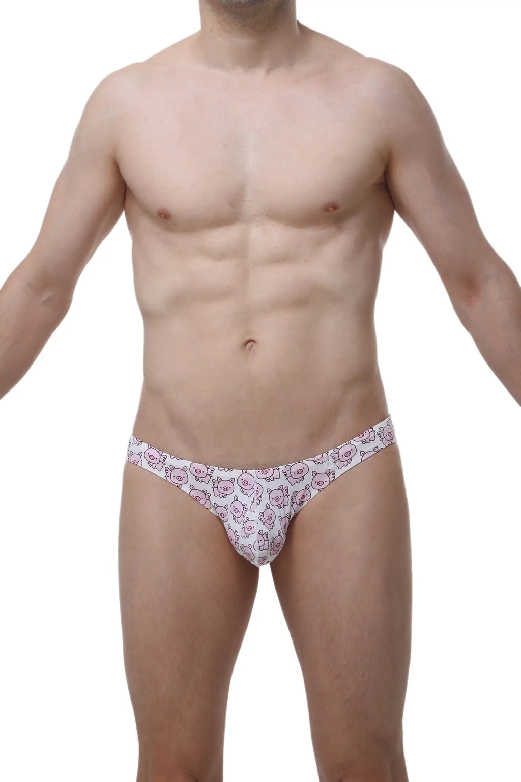 White briefs with a repeating pattern of small pink cartoon pigs from petitq bikini dome piggy love collection