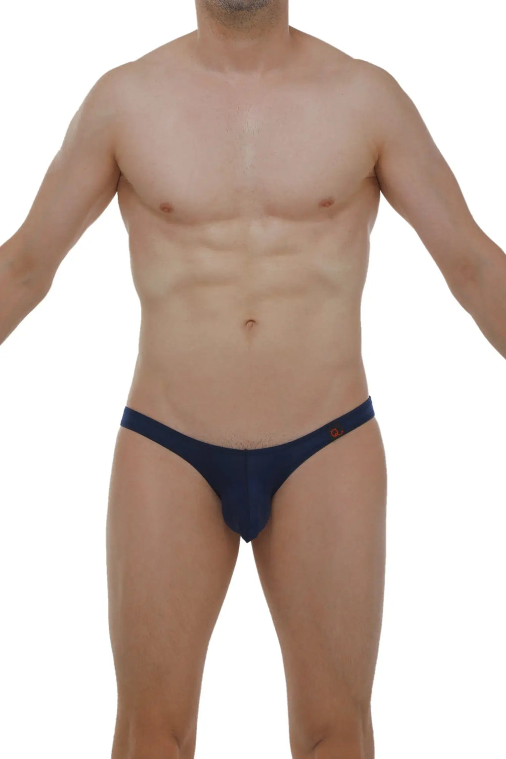 Navy blue PetitQ bikini briefs with a small orange logo on the sideband, made from soft plum fabric