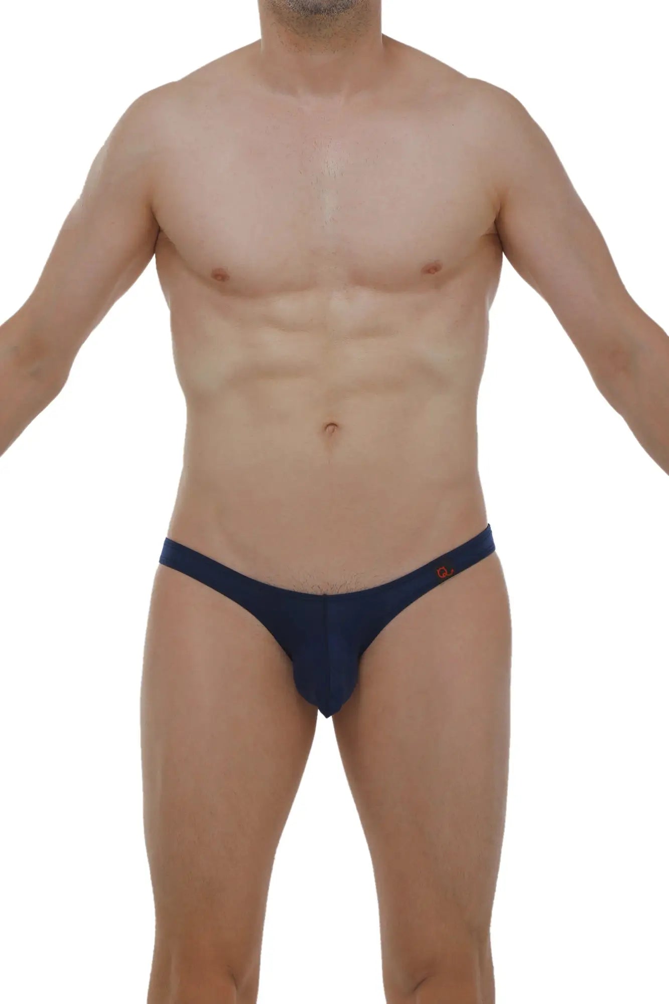 Navy blue PetitQ bikini briefs with a small orange logo on the sideband, made from soft plum fabric