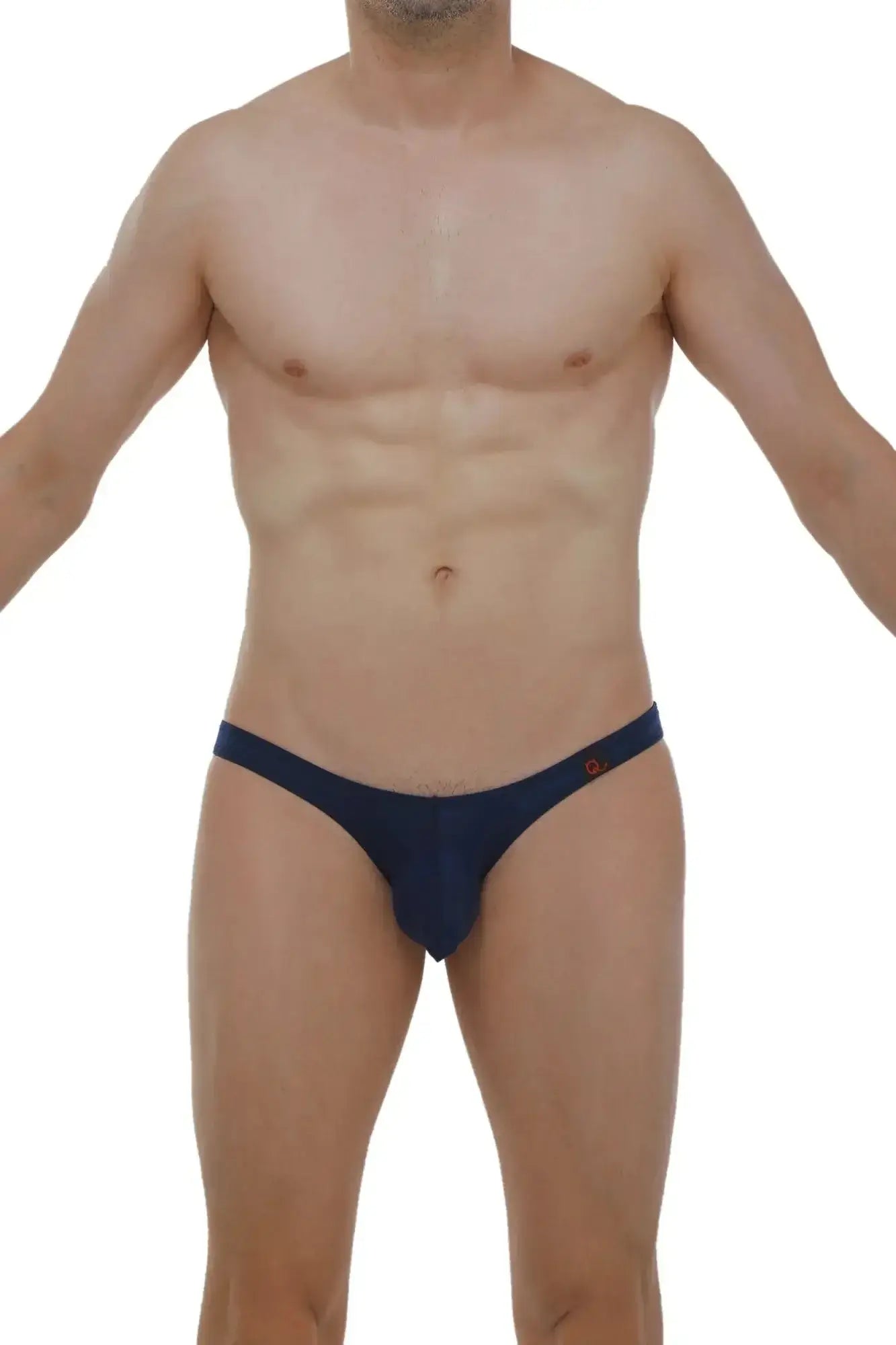 Navy blue PetitQ bikini briefs with a small orange logo on the sideband, made from soft plum fabric
