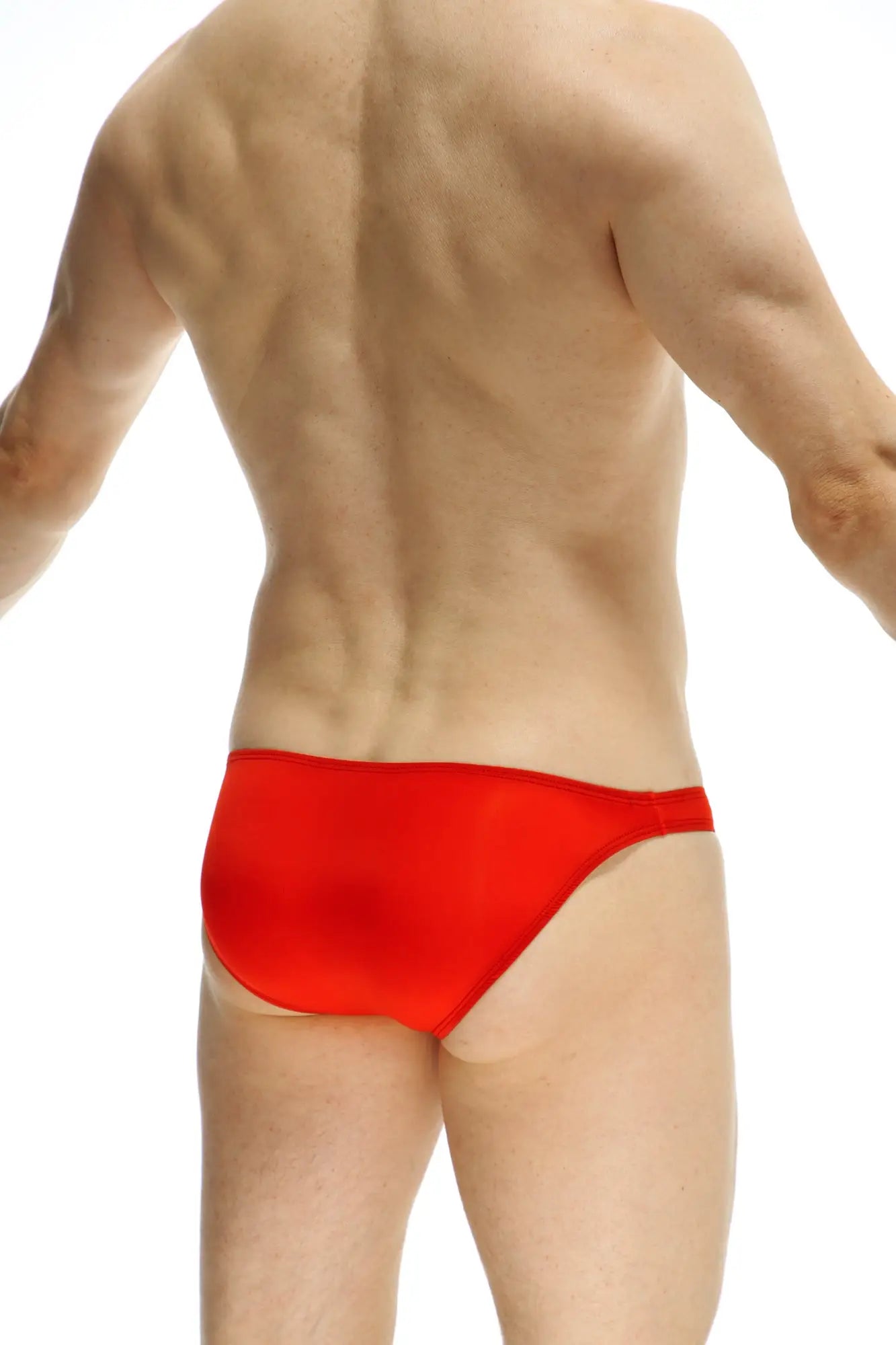 PetitQ bikini dome plum red bright red sleek swim trunks with smooth satin-like finish front side view