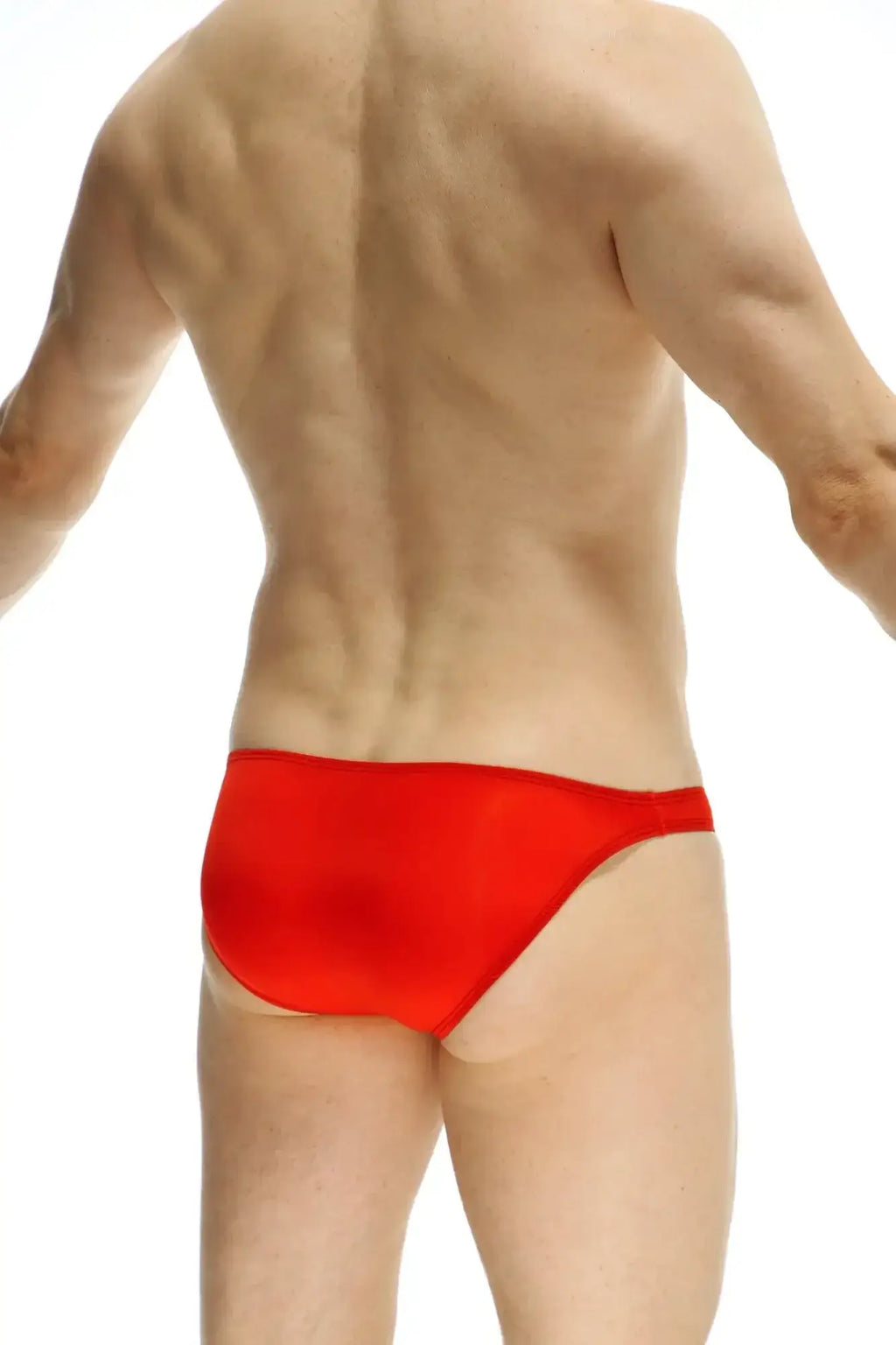 PetitQ bikini dome plum red bright red sleek swim trunks with smooth satin-like finish front side view
