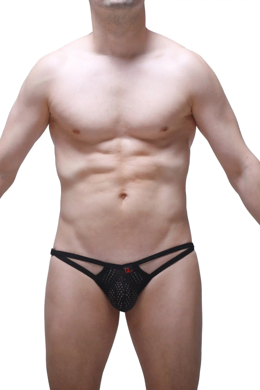 Black mesh thong bikini with red logo on front from petitq bikini fors durtol black collection