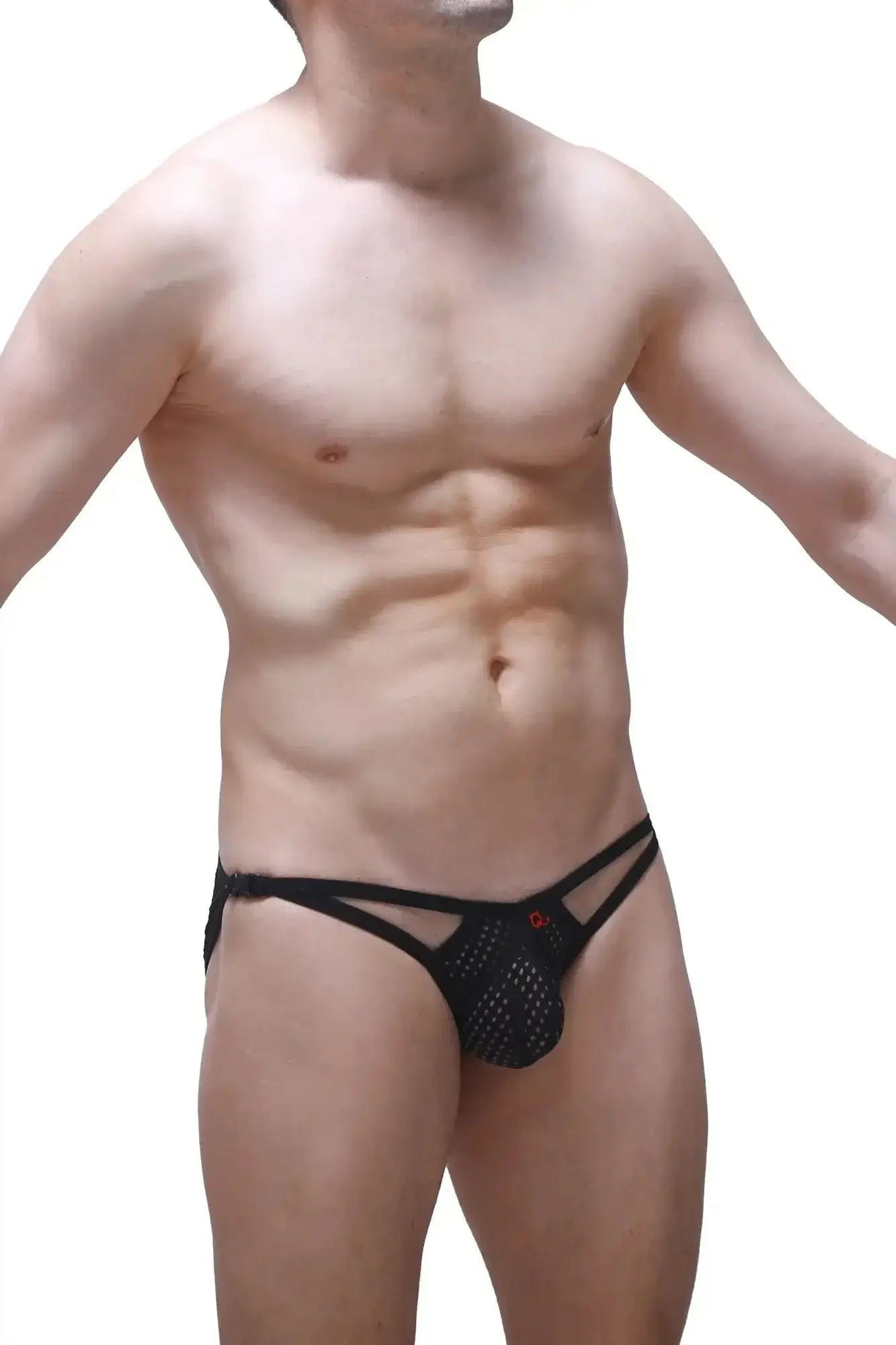 PetitQ bikini fors durtol black black mesh thong with thin straps and a small red logo on the front
