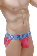 Bright pink petitq bikini jockstrap briefs with light blue modal waistband featuring bold brand name lettering