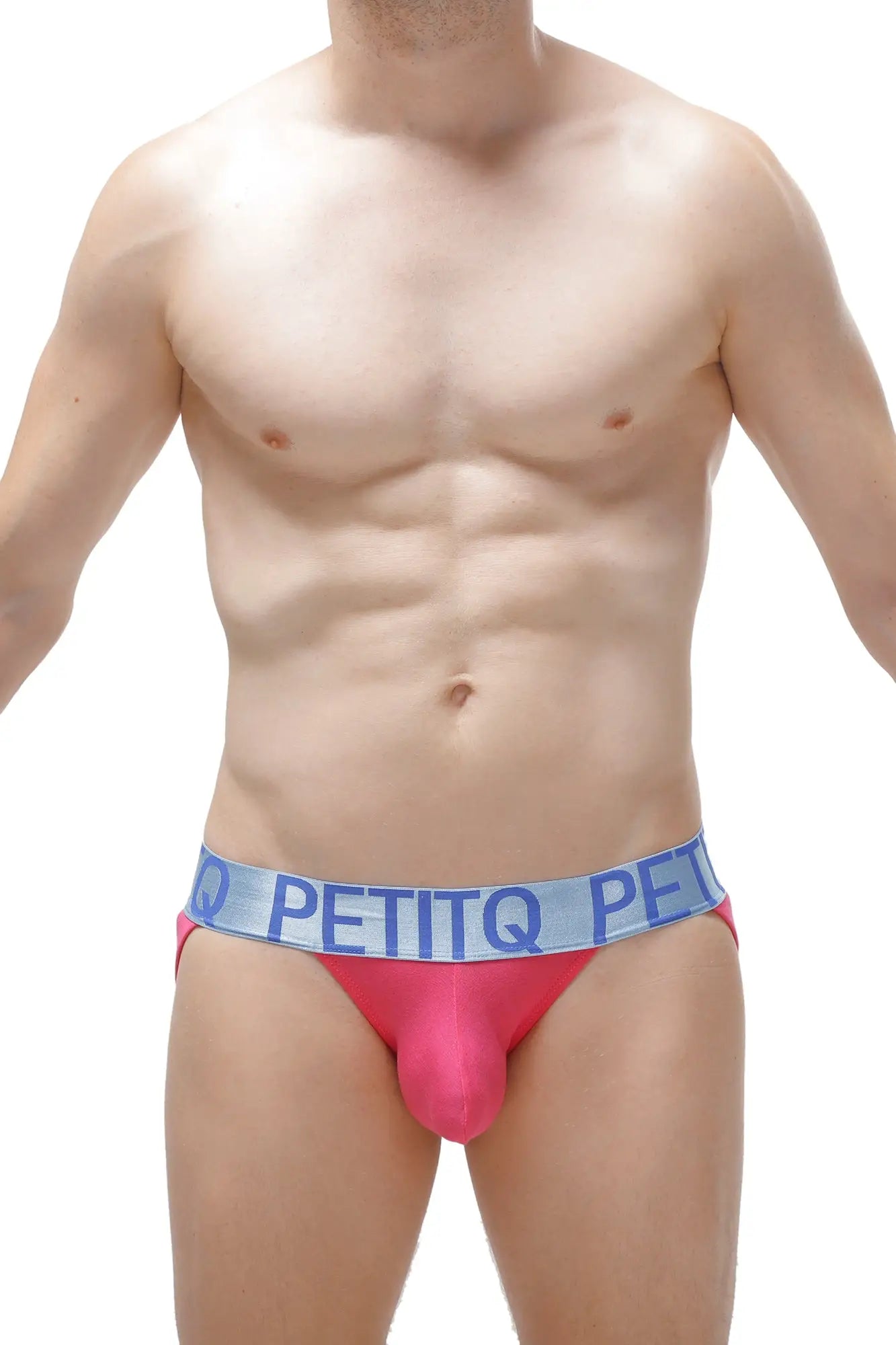 Bright pink petitq bikini jockstrap briefs with light blue waistband featuring bold brand name in modal fabric