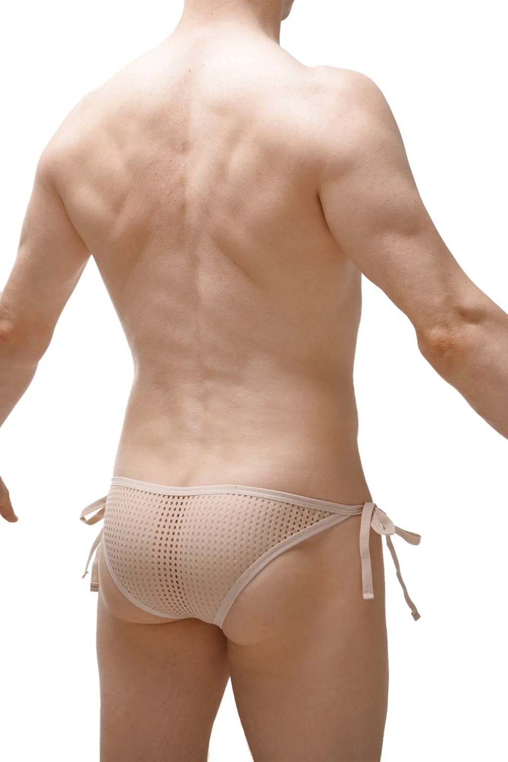 Beige mesh swim trunks with adjustable side ties from petitq bikini knot durtol nude collection