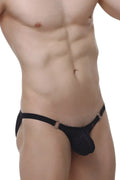 Petitq bikini ladon macra black black lace thong with textured patterned front and metallic ring accents on sides