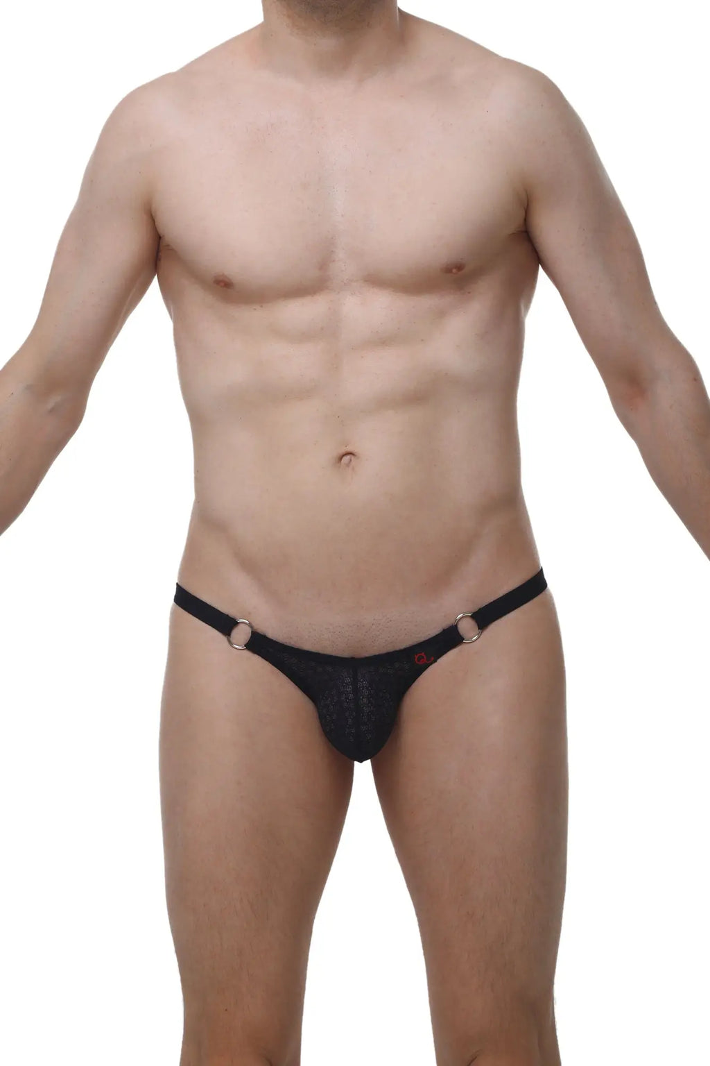 Black mesh thong bikini with gold-toned metal rings at the sides from petitq bikini ladon macra black collection