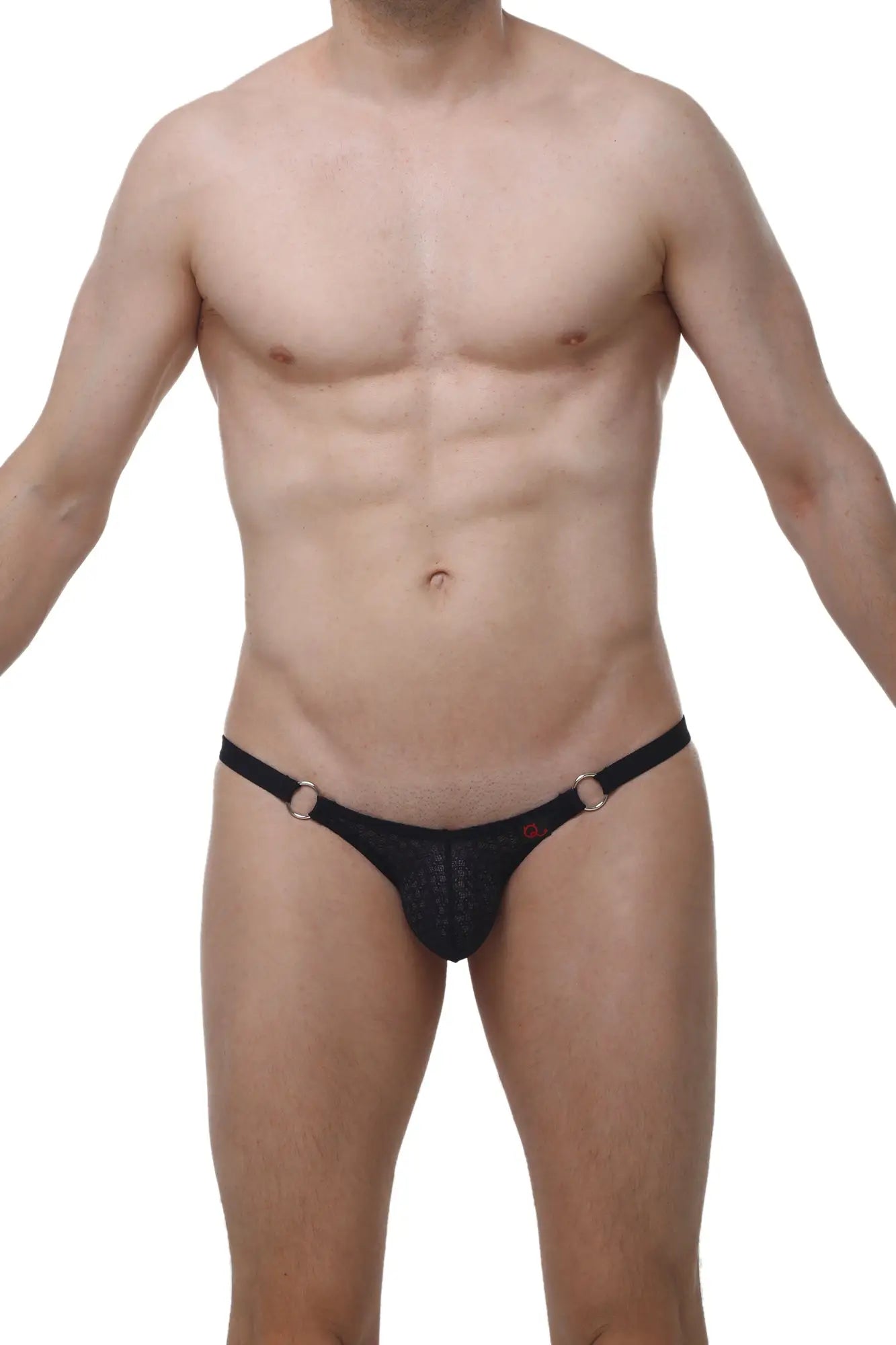 Black mesh thong bikini with gold-toned metal rings at the sides from petitq bikini ladon macra black collection