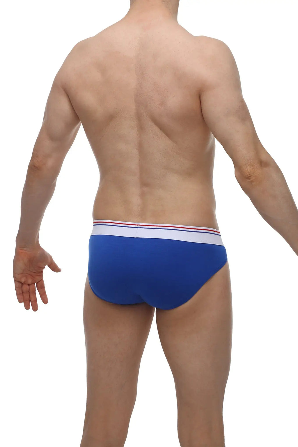 Petitq bikini lagny blue men’s blue briefs with white waistband accented by thin red and blue stripes