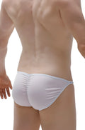 White petitq bikini lhery bulan plum briefs with ruched back and elastic waistband shown from the back side