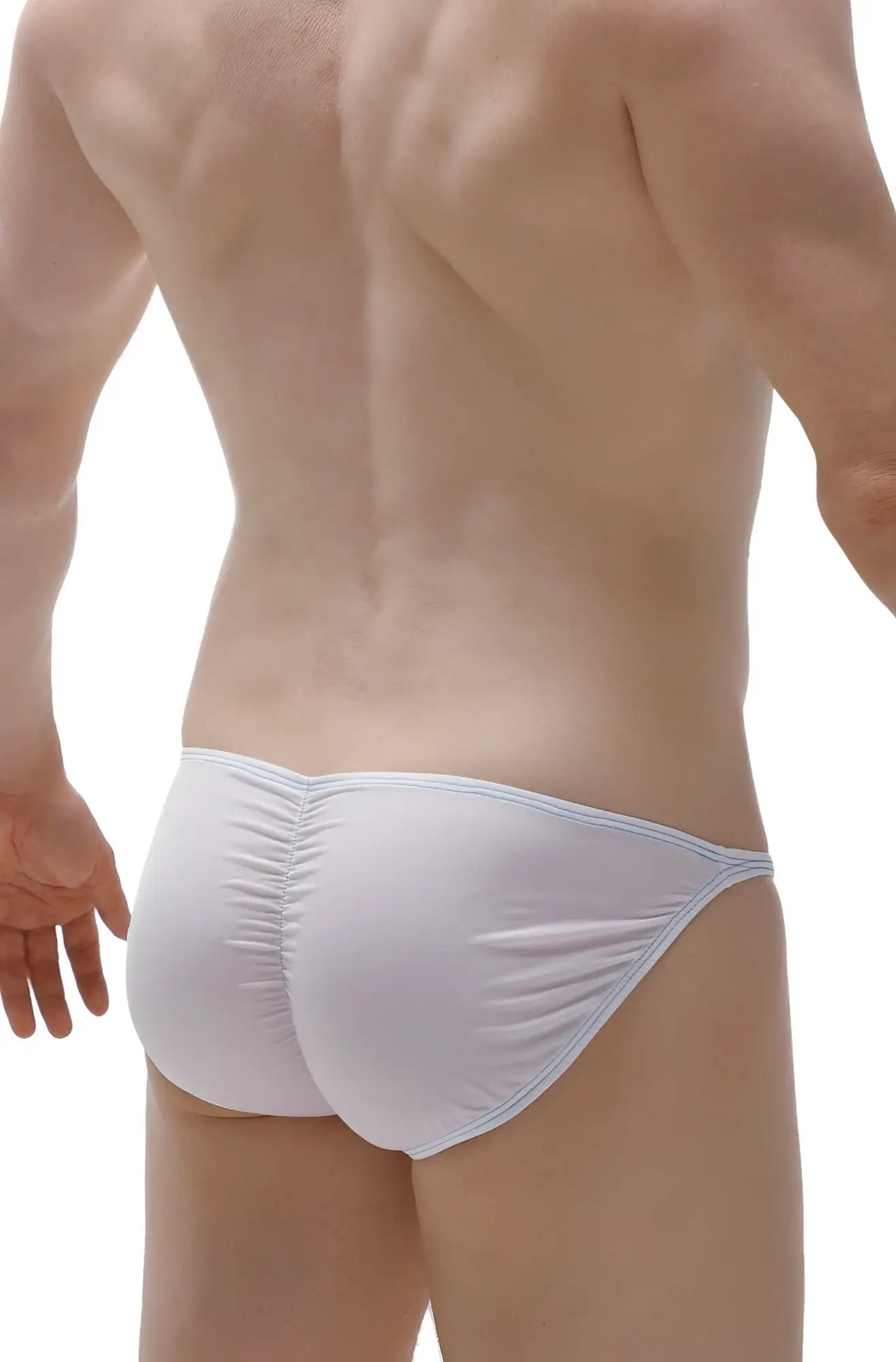 White petitq bikini lhery bulan plum briefs with ruched back and elastic waistband shown from the back side