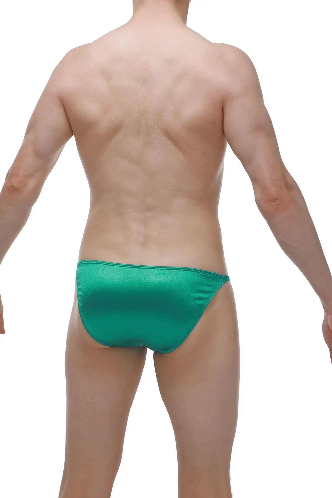 PetitQ bikini Lhery satin green brief in sleek emerald green satin with a smooth glossy finish and tailored fit