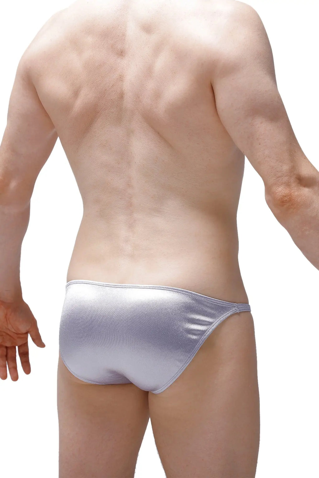 PetitQ bikini Lhery satin silver briefs with a sleek form-fitting design in silver metallic satin material