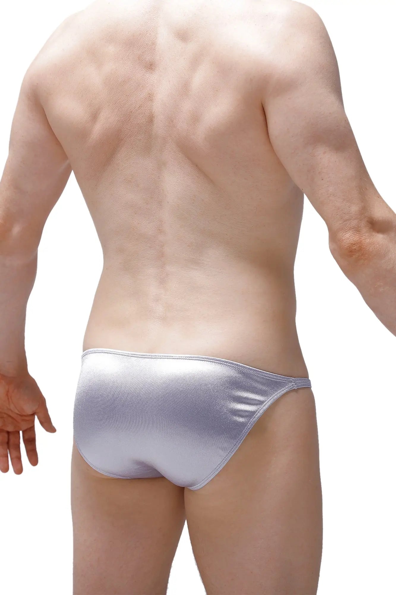 PetitQ bikini Lhery satin silver briefs with a sleek form-fitting design in silver metallic satin material