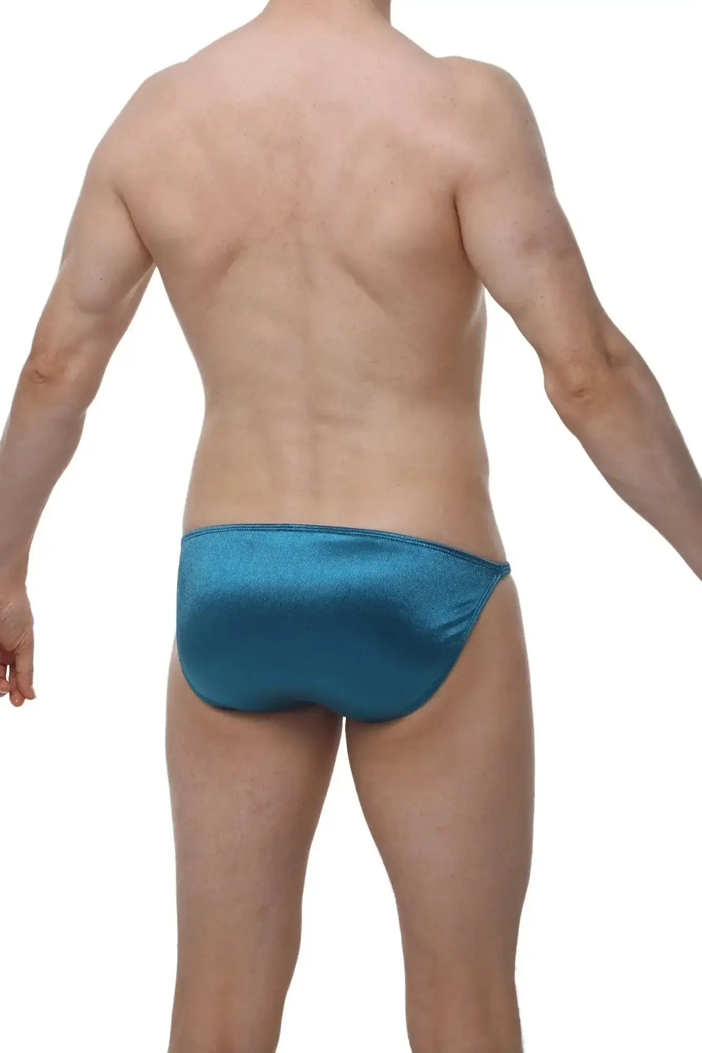 PetitQ bikini Lhery satin teal brief with a sleek tailored fit and smooth glossy satin finish