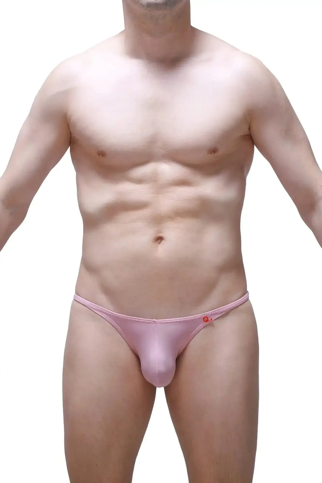 Pink sheer mesh men’s thong petitq bikini lhery skine tea rose with small red logo on waistband front view