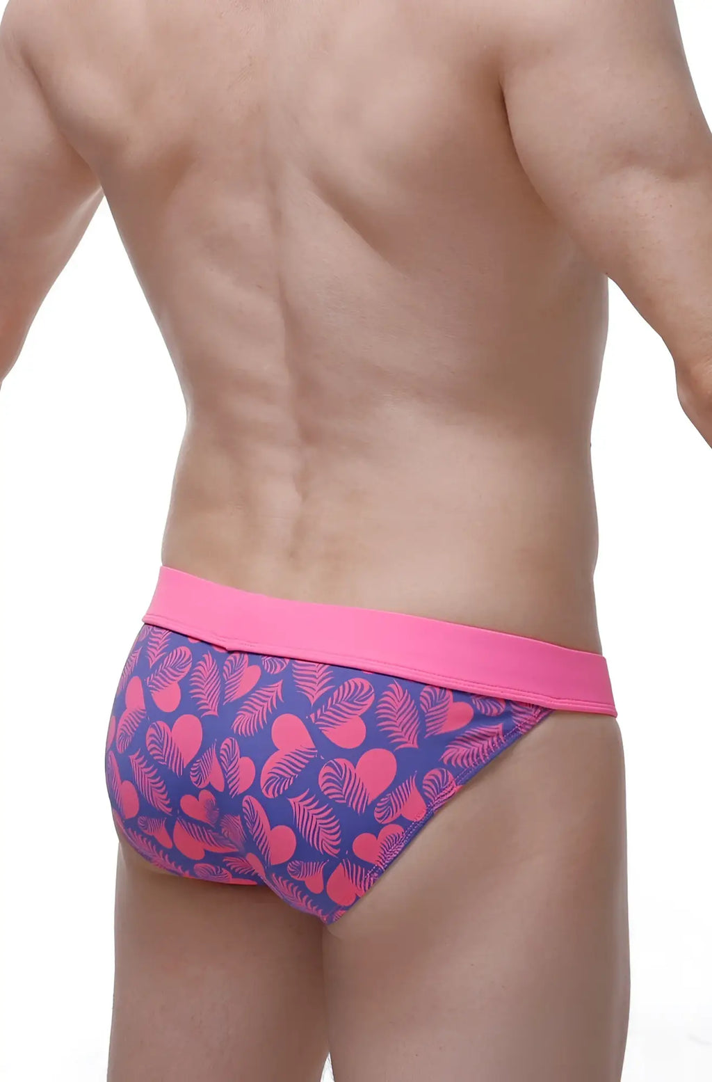 PetitQ bikini linthes tropical heart briefs in vibrant pink and purple heart and leaf pattern with bright pink waistband