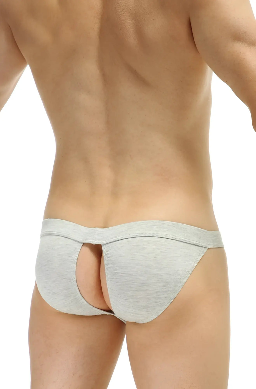 Back view of petitq bikini manol modal briefs in gray heathered fabric with central cutout detail