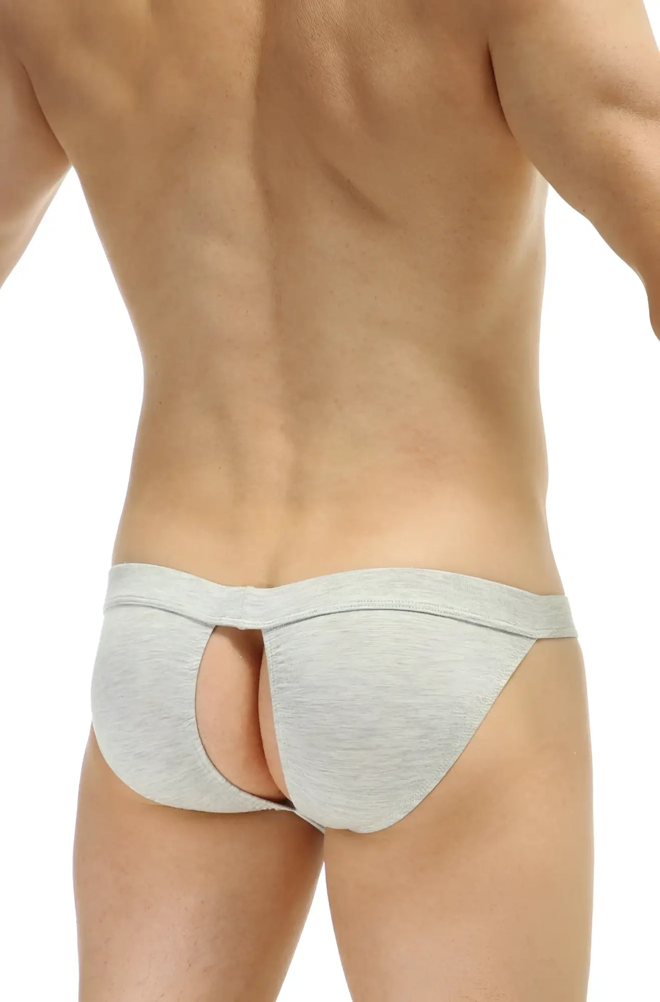 Back view of petitq bikini manol modal briefs in gray heathered fabric with central cutout detail