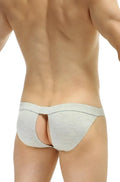 Back view of petitq bikini manol modal briefs in gray heathered fabric with central cutout detail