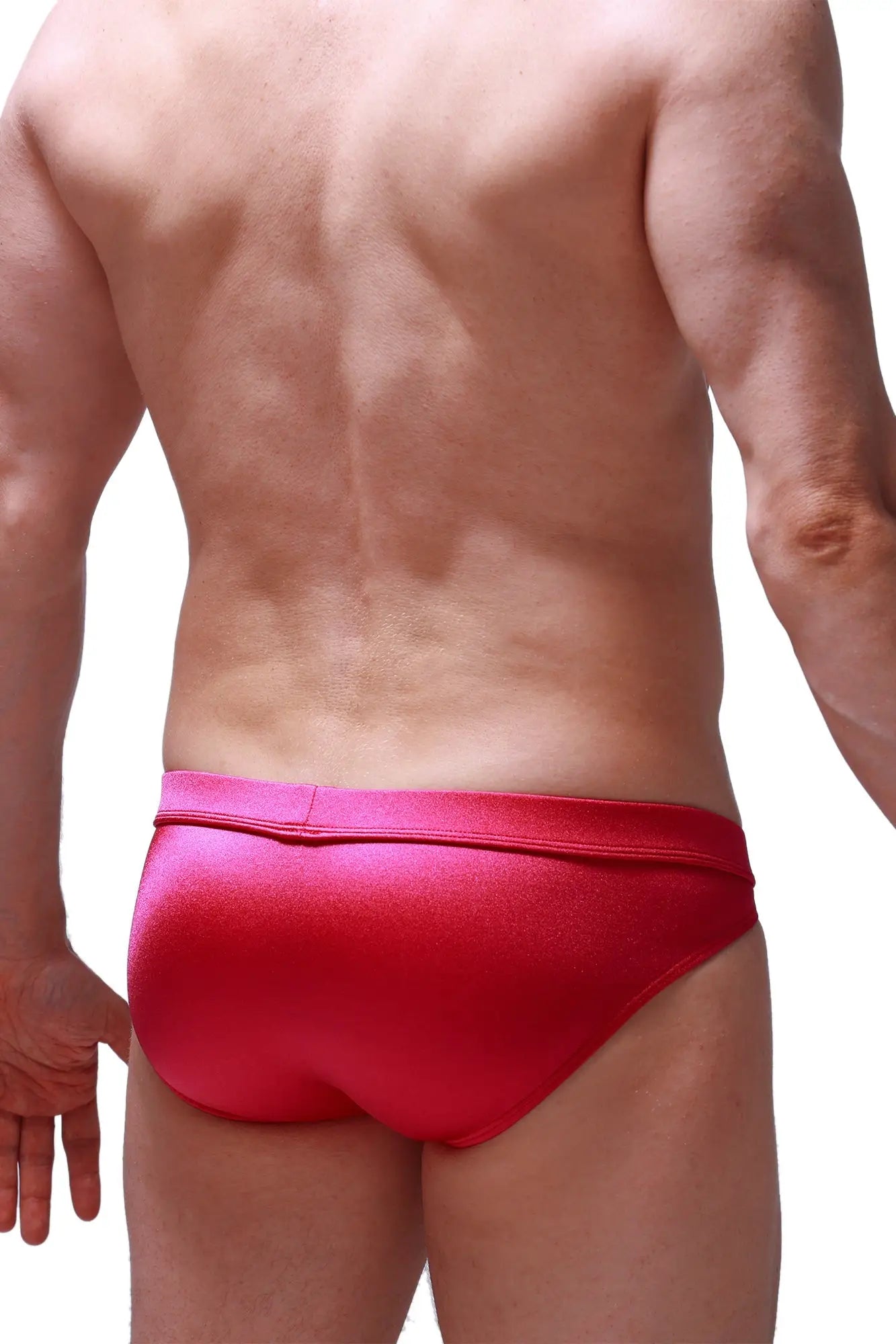 Bright red shiny satin briefs petitq bikini marlan joe framboise shown from the back side