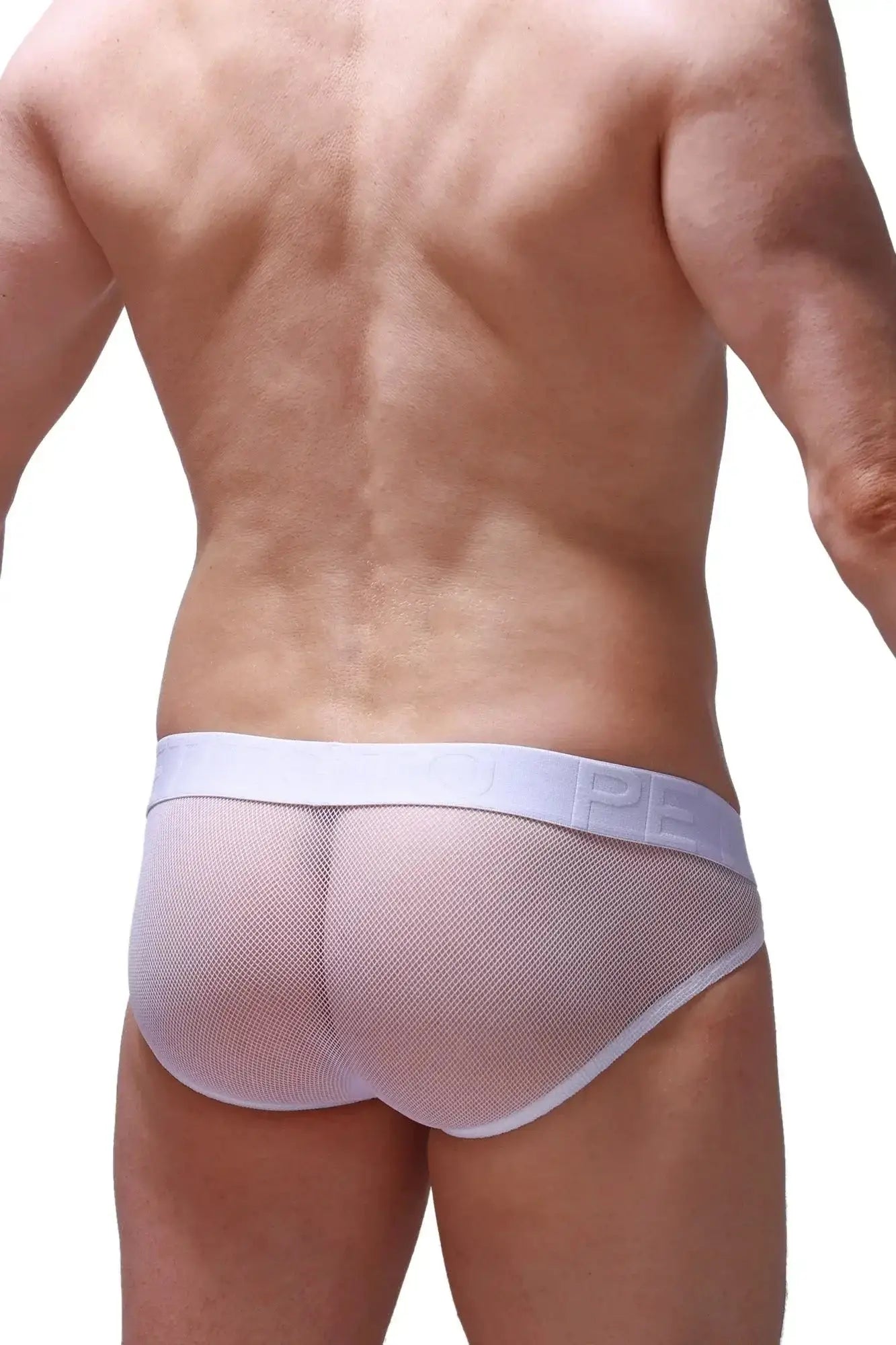 White mesh petitq bikini briefs with solid white waistband and pe logo for enhanced mega bulge support