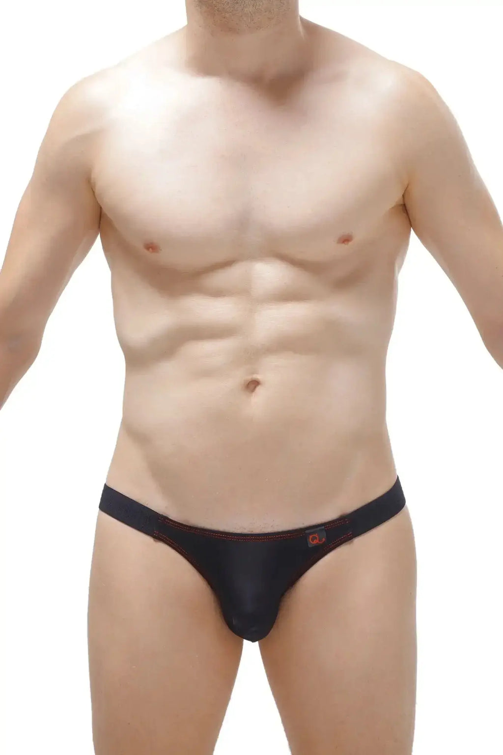 Black thong with red stitching and petitq logo on waistband from the petitq bikini mothern black collection