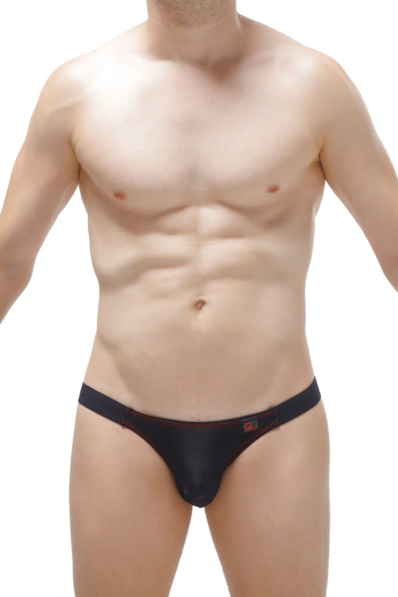 Black thong with red stitching and petitq logo on waistband from the petitq bikini mothern black collection