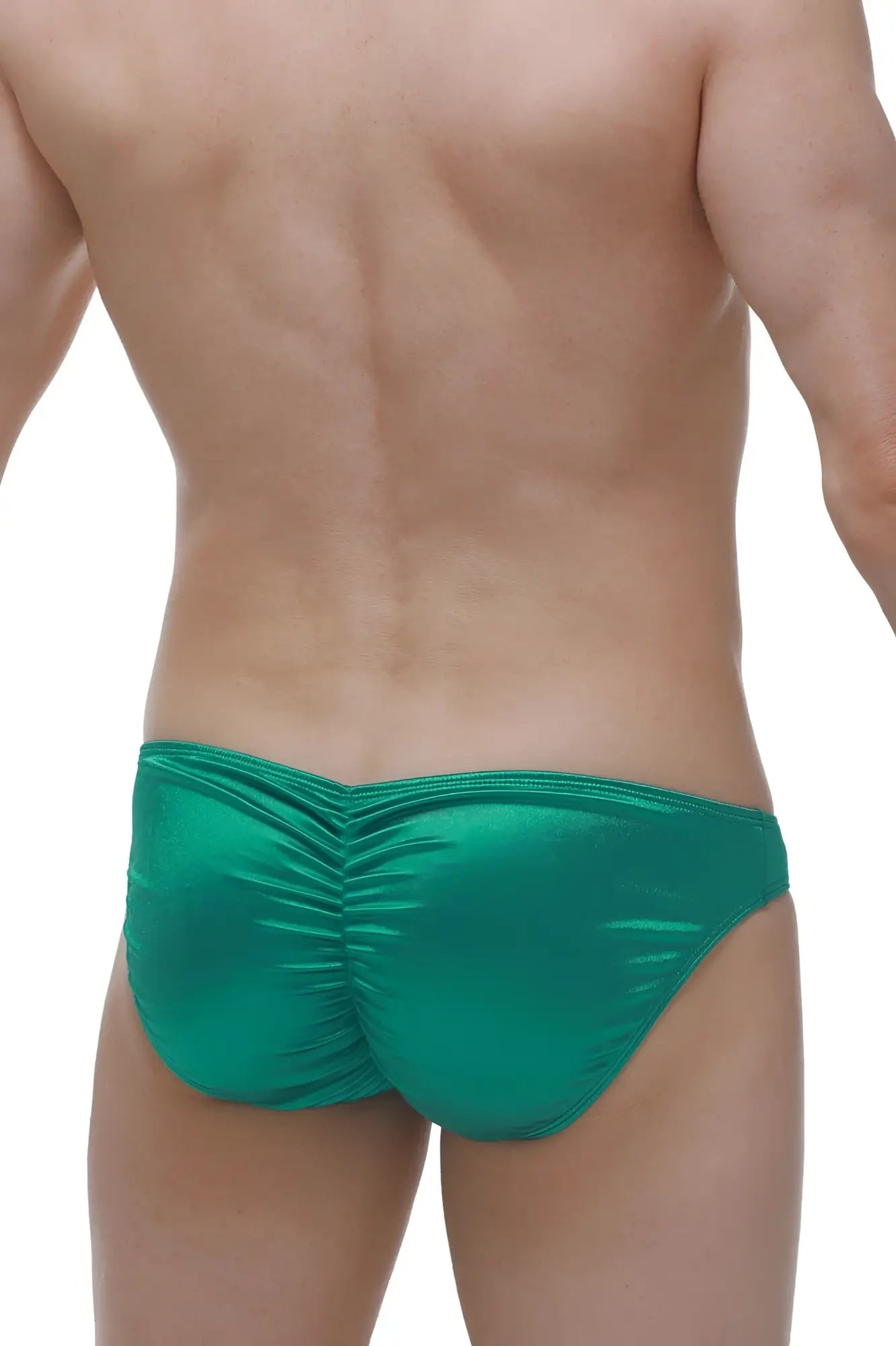 Emerald green satin petitq bikini murlin briefs with ruched back design shown from the back side