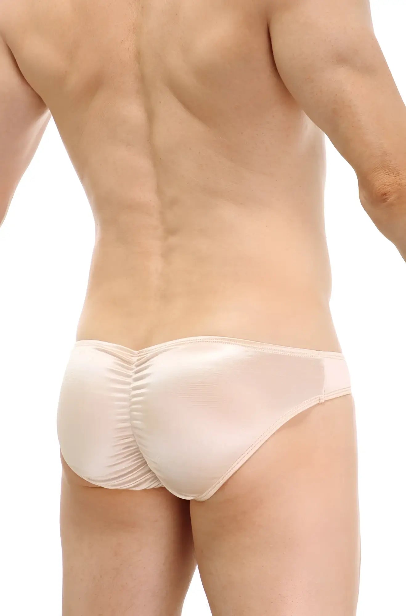 Beige satin briefs with ruched back design from petitq bikini murlin satin ivory collection displayed from back side